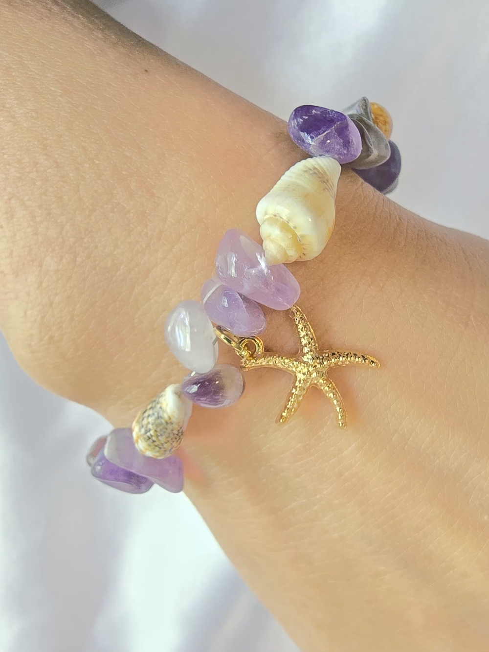 Natural Shell & Gold Starfish Charm Bracelet with Lavender Gem Chips